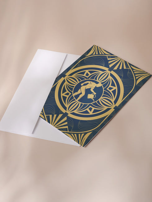 Luxury Art Deco birthday card featuring golden water bearer design on deep blue background with geometric patterns. Contains Aquarius ritual. Perfect for astrology enthusiasts and modern mystics who appreciate elegant design.